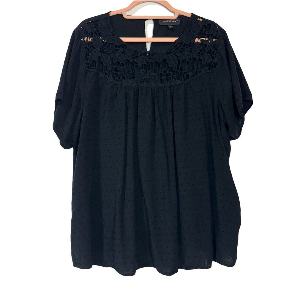 Lane Bryant Black French Dot Top Crochet Lace Neck Women’s Size 18 Blouse